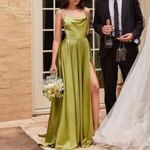 Lime Green Satin Formal Bridesmaids Prom Wedding Evening Dress 2